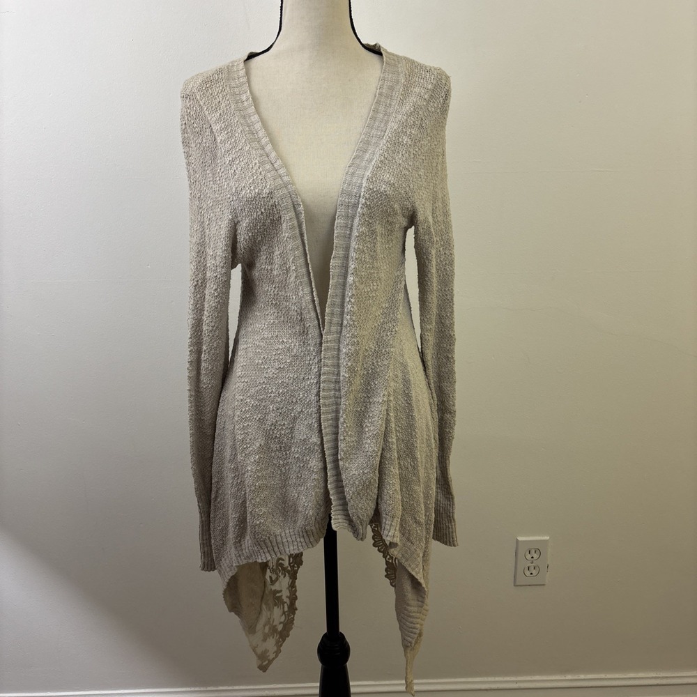 Y2K Sweater Long Line Open Front Lace Hem Confess Brand Tan 100% Cotton Cottage